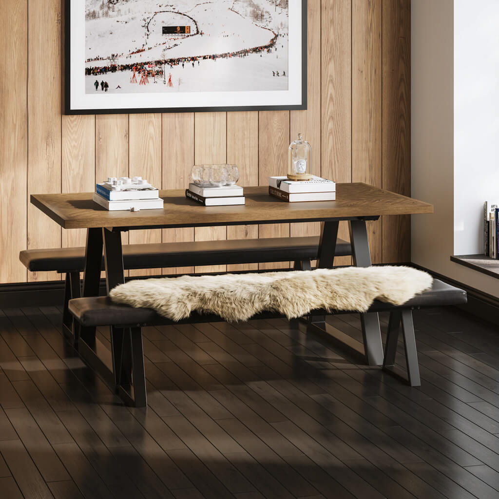 Hyde Whiskey and Black Dining Table with Padded Benches