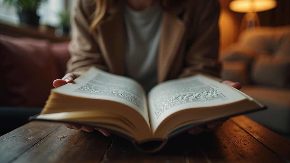 Eye-level view of a person reading a book in a cozy setting