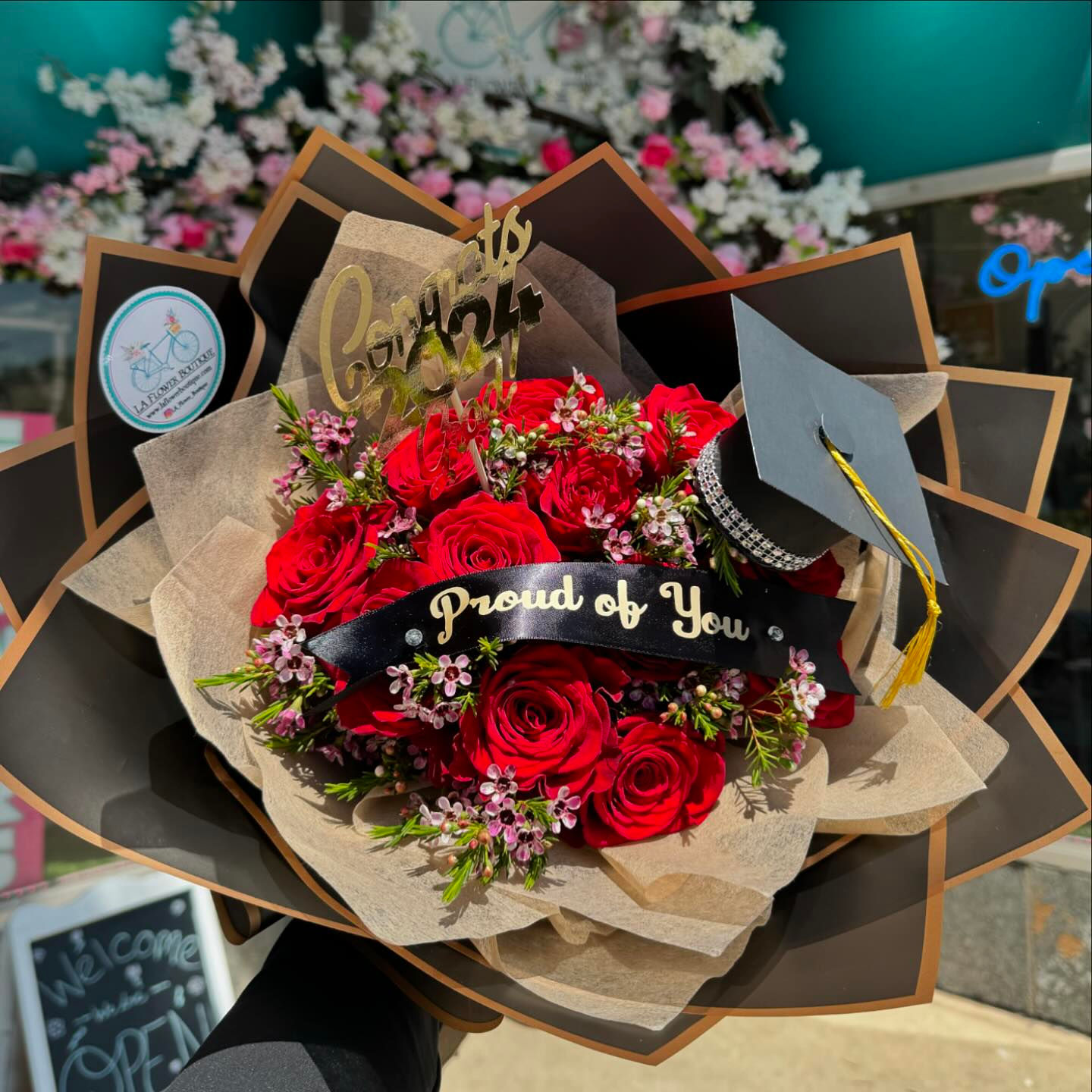 Red roses & Wax Flowed Graduate 