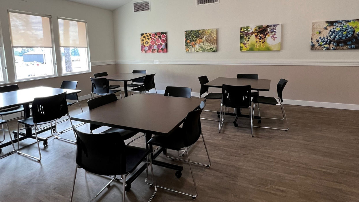 Large room with tables and chairs, and paintings on the wall depicting flowers and vegetation.