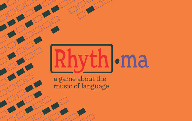 splash page featuring Rhythma brand colors and pattern, surrounding custom logotype and tagline, reading "a game about the music of language"