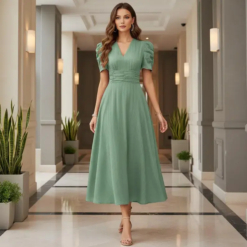 Elegant V-Neck Puff Sleeve Midi Dress