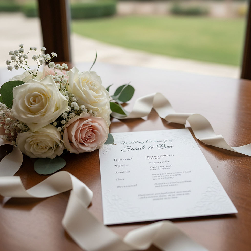 beautiful wedding ceremony program beside flowers and ribbons.jpg