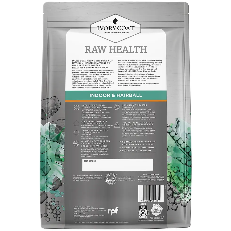Ivory Coat Raw Health Indoor Hairball cat food bag