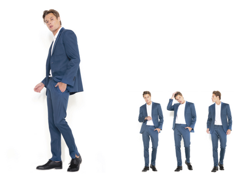 Modelos em quatro poses diferentes, vestindo camisa social branca, blazer e calça social a