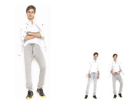 Modelo em três poses diferentes, vestindo camiseta polo branca, calça de moletom cinza, ja