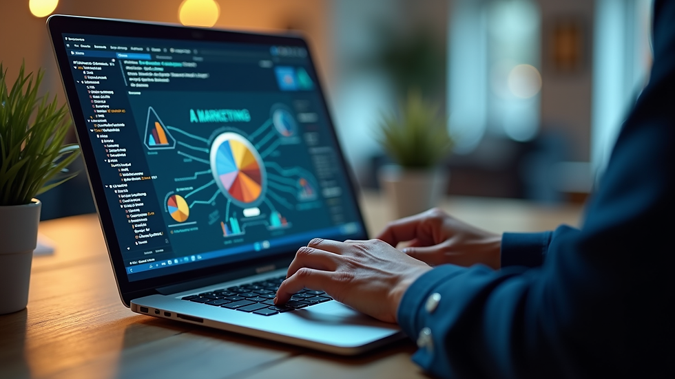 Close-up view of a person working on a laptop with AI marketing software