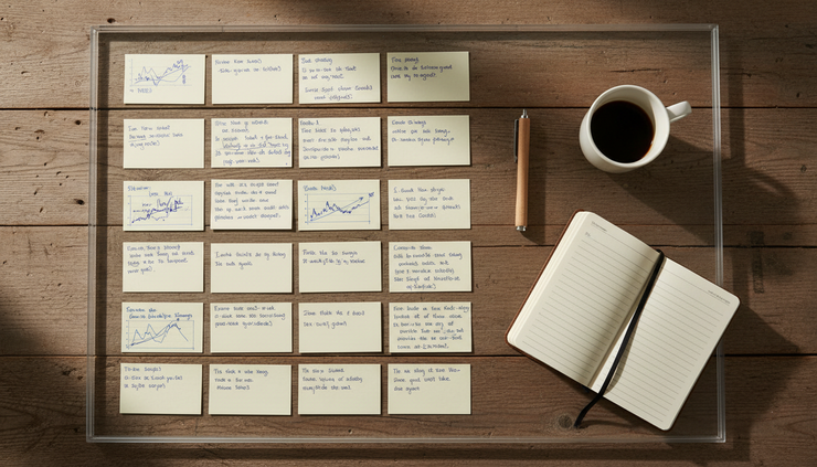 Overhead view of index cards arranged beside a cup of coffee on a wooden table