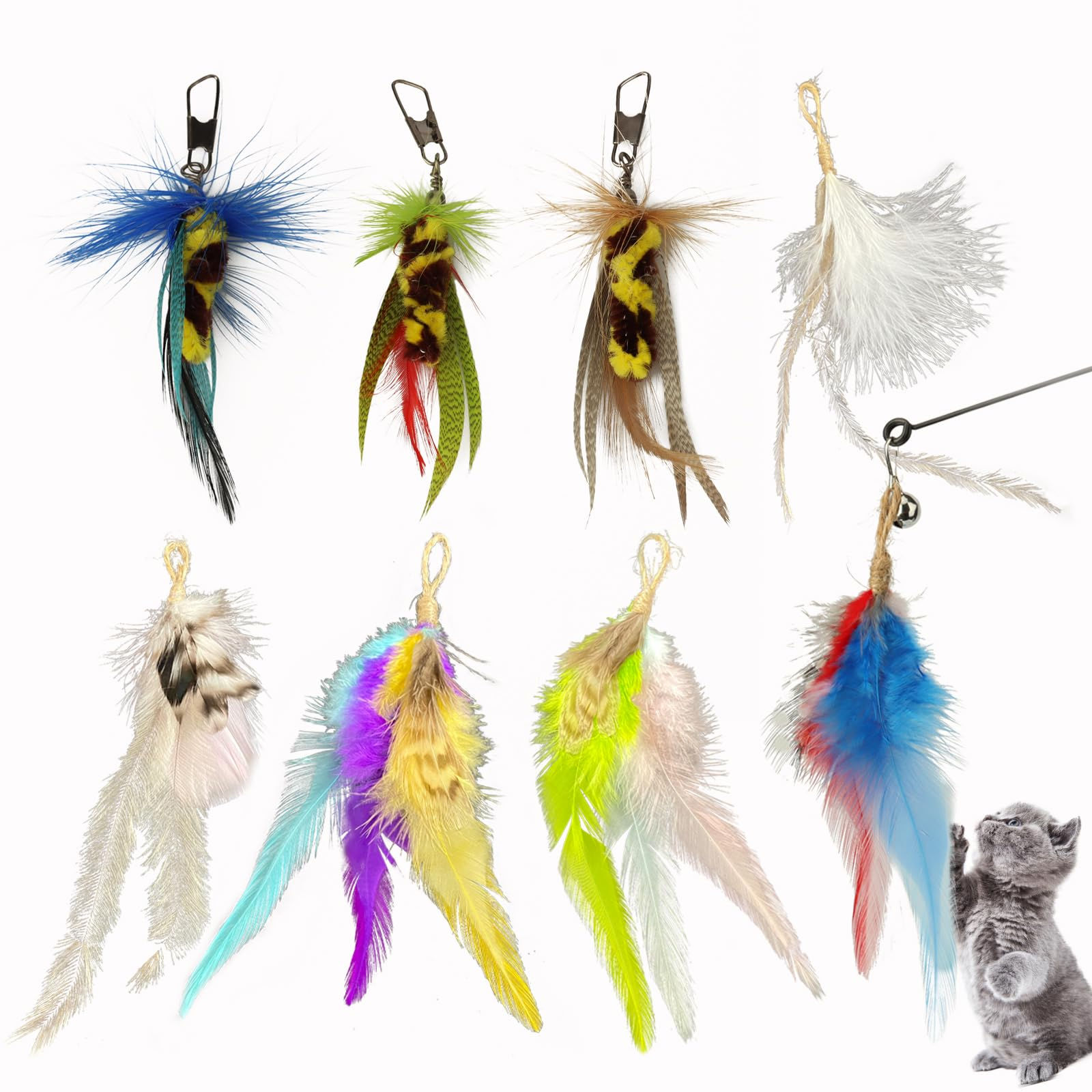 Toulideifaria Cat Feather Toys Replacement Cat Wand Toys 8pcs Cat Wand Attachmen