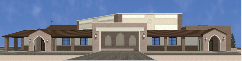 Front view rendering of the new St. Anthony of Padua Church showing main entrance in Casa Grande