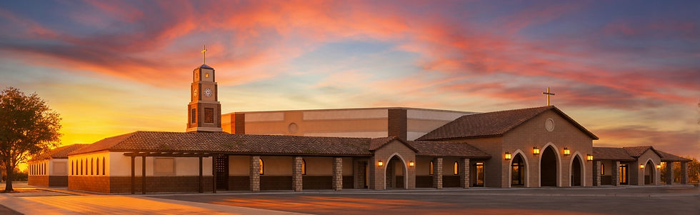 Sunset view of the new St. Anthony of Padua Church rendering showing the full exterior and bell tower in Casa Grande