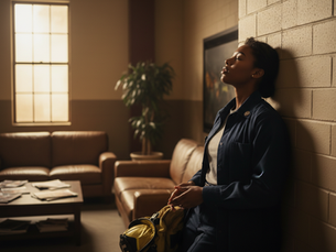 Woman taking a pause for mindfulness in a station breakroom