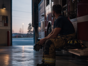 Tired firefighter sitting on the apparatus, staring out of the bay