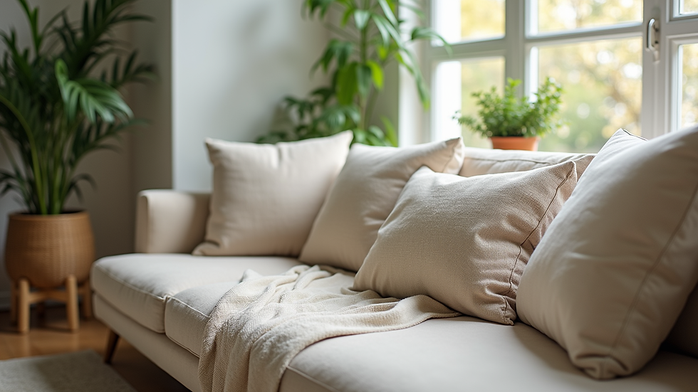 Close-up view of a cozy living room corner with plants and soft cushions