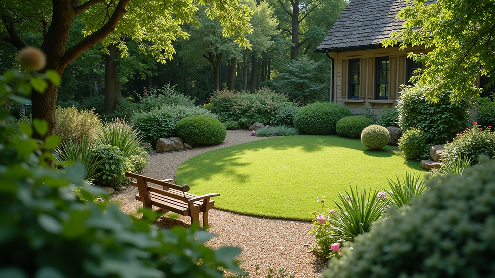High angle view of a peaceful garden with a small bench surrounded by greenery