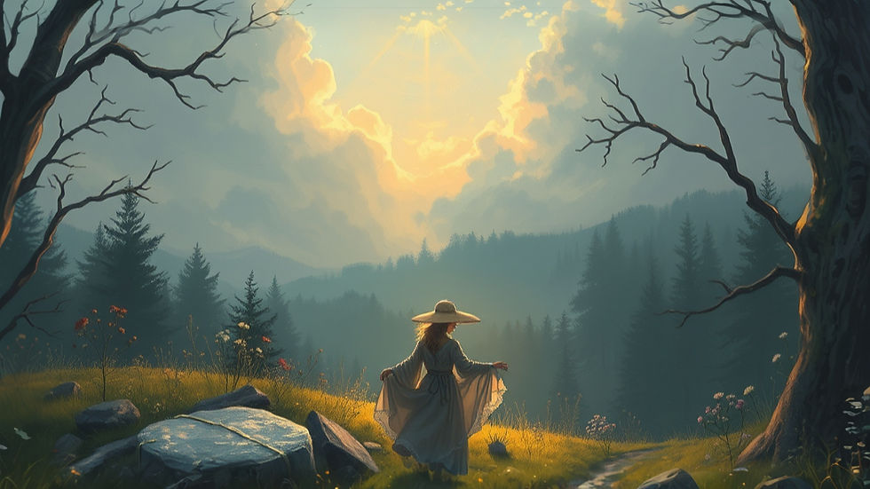 A woman in a dress and hat stands in a sunny meadow, gazing at a dramatic sky with sun rays piercing clouds, surrounded by trees.