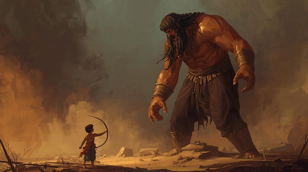 A young archer with a bow faces a towering giant in a dusty, barren landscape. The scene is tense, with earthy tones and dramatic lighting.