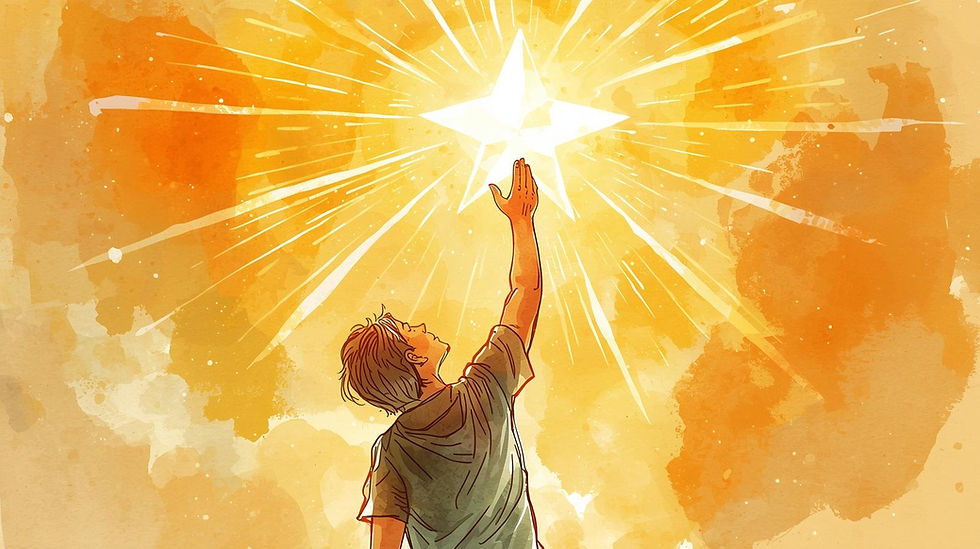 A person reaches towards a glowing star amidst radiant orange and yellow splashes, creating an inspiring, hopeful scene.