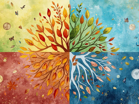 Four seasons represented in quadrants: spring, summer, autumn, winter. Colorful leaves and butterflies in blue, yellow, red, green tones.