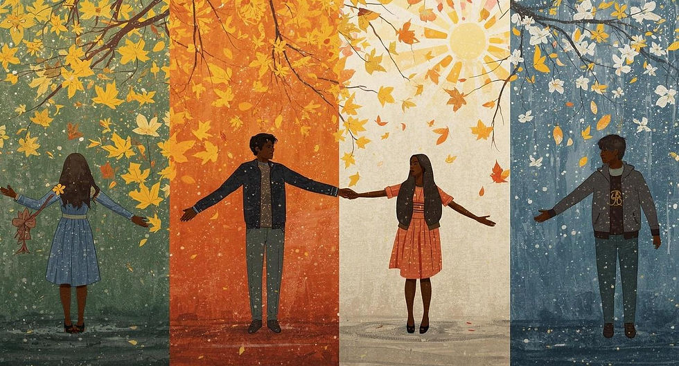 Four panels depict seasons: spring, summer, autumn, and winter, featuring a person in each. Vibrant leaves, snow, and sun create a serene mood.