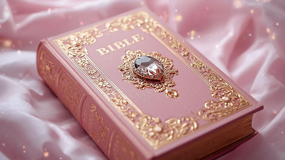 Pink Bible with gold ornate design and a large gemstone on the cover, resting on soft pink fabric. Elegant, luxurious appearance.