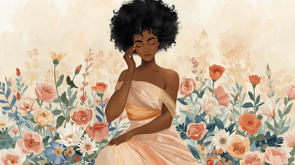 Woman in a flowing peach dress sits peacefully amid a garden of pastel flowers, her eyes closed and hand gently touching her face.