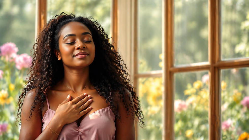 Woman in pink top, eyes closed, hand on chest, feeling peaceful. Background shows a sunny garden with flowers and a wooden window.