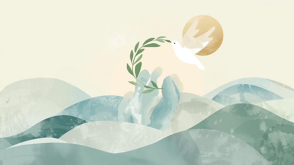 A dove with an olive branch flies over abstract, blue-green waves against a pale background with a golden sun, symbolizing peace.