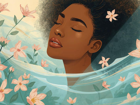 A serene woman with closed eyes is surrounded by pink flowers on a teal and beige background, conveying tranquility and beauty.