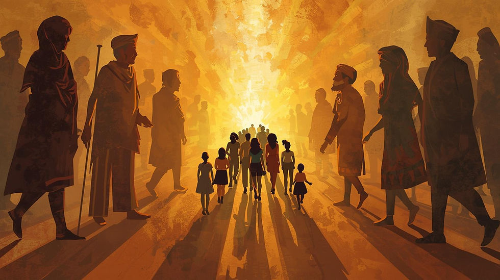 Silhouettes of people walking towards a bright light, surrounded by large figures in warm, orange-toned hues, creating a hopeful mood.