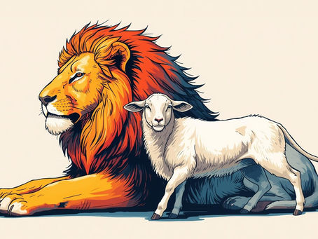 A lion with a vibrant mane lies next to a standing lamb. The background is plain, emphasizing their peaceful, relaxed posture.