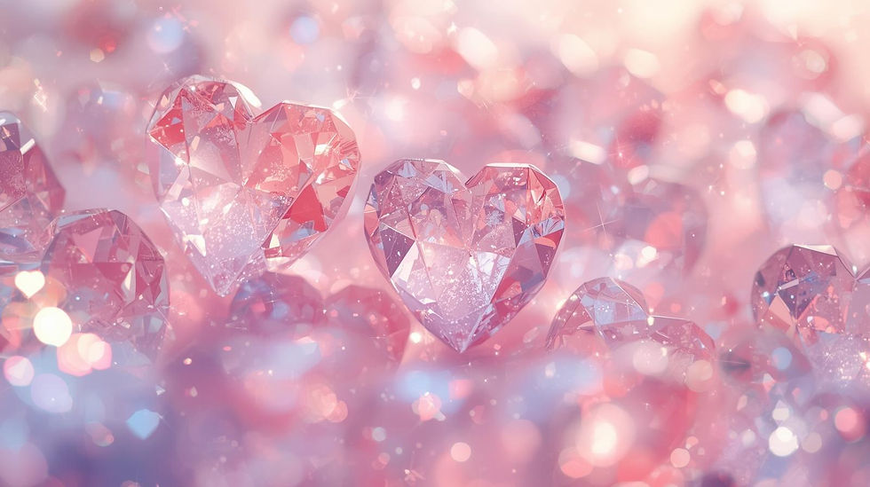 Faceted crystal hearts in shades of pink and purple sparkle against a blurred pastel background, creating a dreamy, romantic mood.