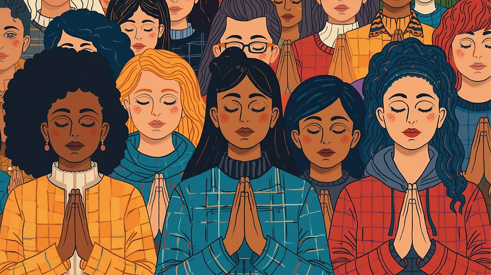 Illustrated diverse group with closed eyes and hands pressed together, wearing colorful patterned clothing. Calm, serene atmosphere.