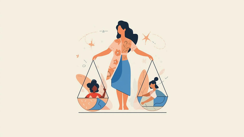 A woman balances two children in scales. Abstract background with stars, leaves, and neutral colors. Calm and harmonious mood.
