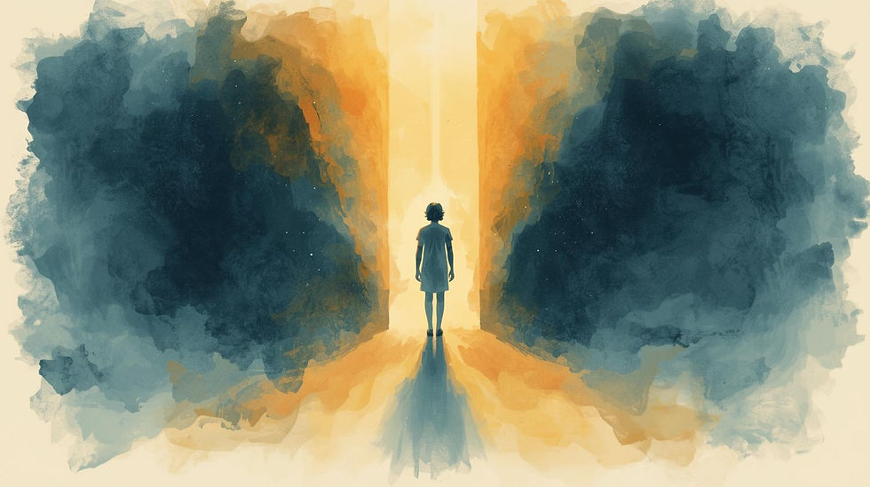 A person stands before a glowing, bright passageway, surrounded by dark, smoky hues on either side, evoking a sense of mystery and hope.