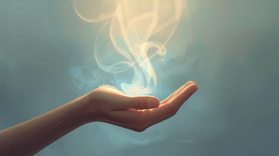 A hand holding swirling, glowing mist against a soft blue background, creating a mystical and serene atmosphere.