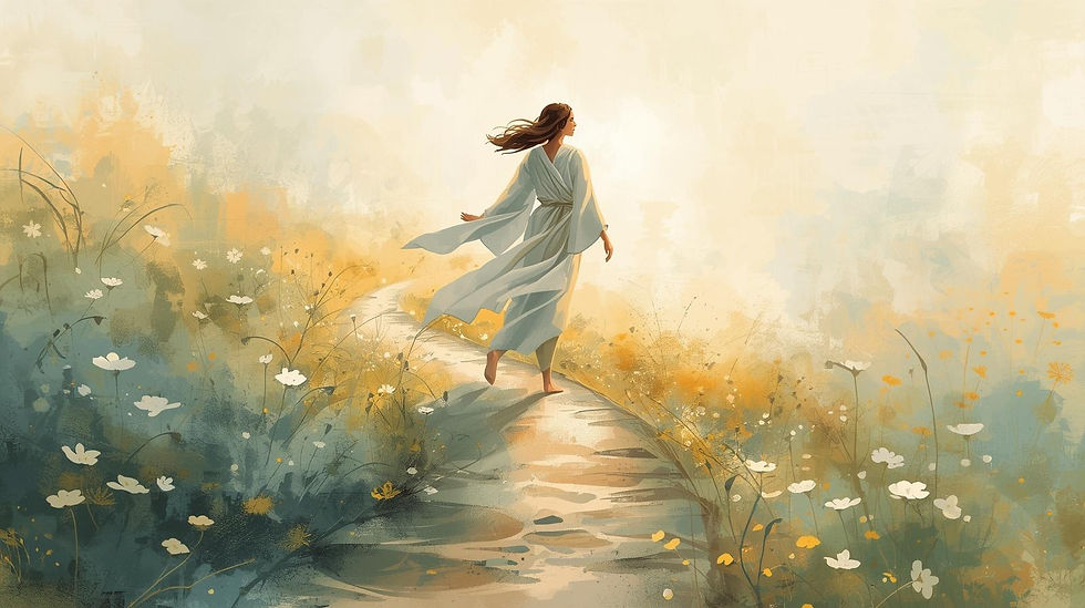 A woman in a flowing white dress walks barefoot through a sunlit field of wildflowers, exuding tranquility and freedom.