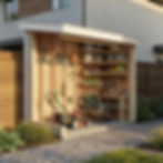 Cutaway interior of a lean-to storage shed showing wall-mounted garden tools, shelving for supplies, mower, and organized compact backyard storage layout.