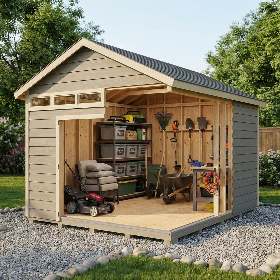Cutaway interior of a storage shed showing lawn mower, shelving units, yard tools, workbench, seasonal outdoor furniture, and organized backyard storage layout.