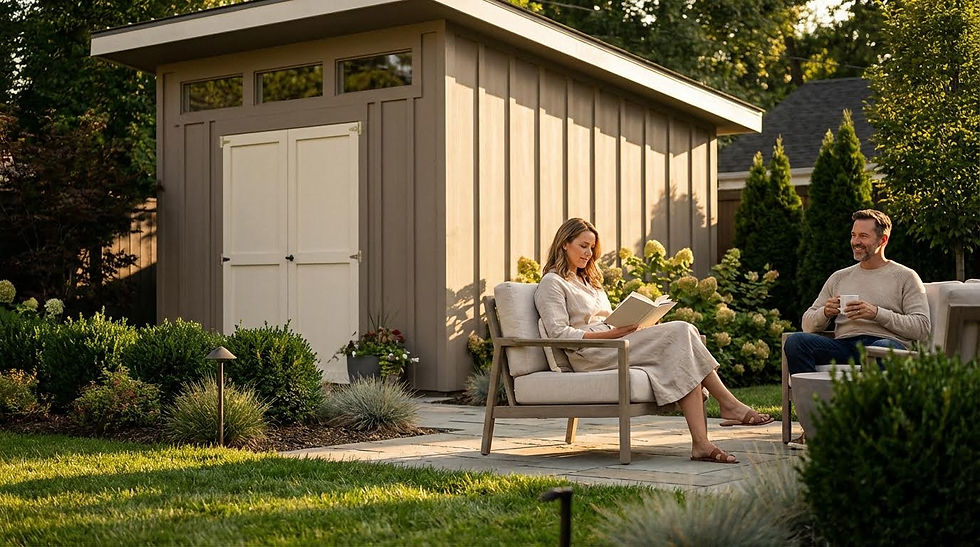 Couple sitting on a patio with shed in the background