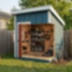 Cutaway interior of a small storage shed showing push mower, shelving, wall-mounted tools, compact workbench, and organized backyard storage layout.
