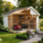 Cutaway interior of a 12×16 modern storage shed showing riding mower, workbench, bicycles, shelving, and organized backyard storage space.