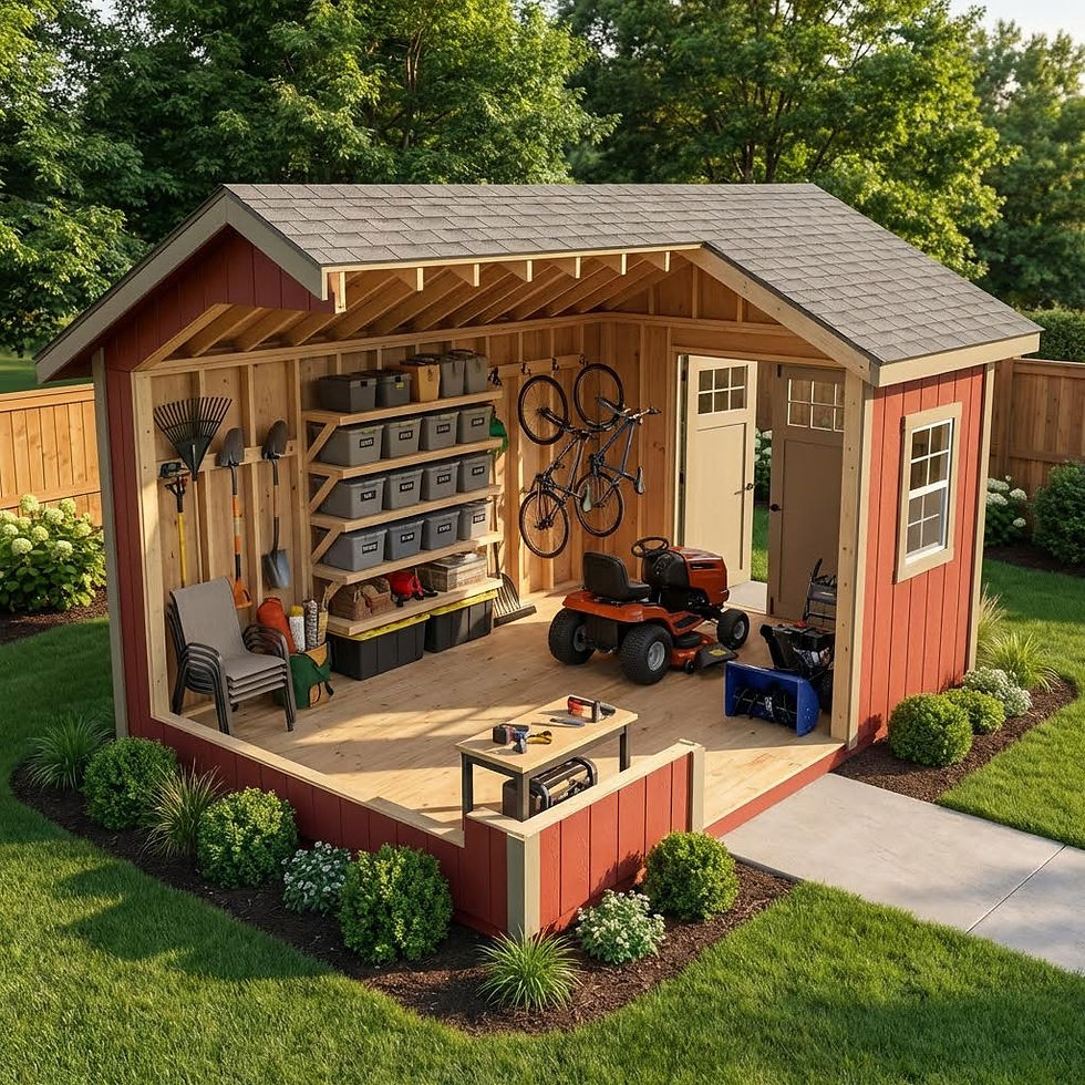 Cutaway interior of an 8×16 modern storage shed showing mower, wall-mounted tools, shelving, bicycles, and organized backyard storage layout.