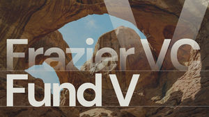 Frazier VC Fund V graphic with large white typography over a layered red rock landscape.