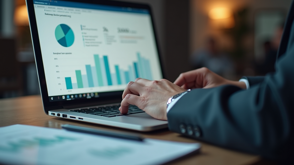 Close-up view of a strategic HR manager reviewing workforce analytics on a laptop