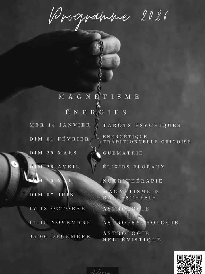 Affiche du programme 2026 des ateliers Magnétisme et Énergies, main tenant un pendule