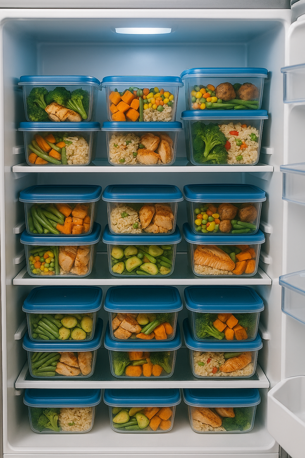 Prepared meals and snacks in containers in the refridgerater. 