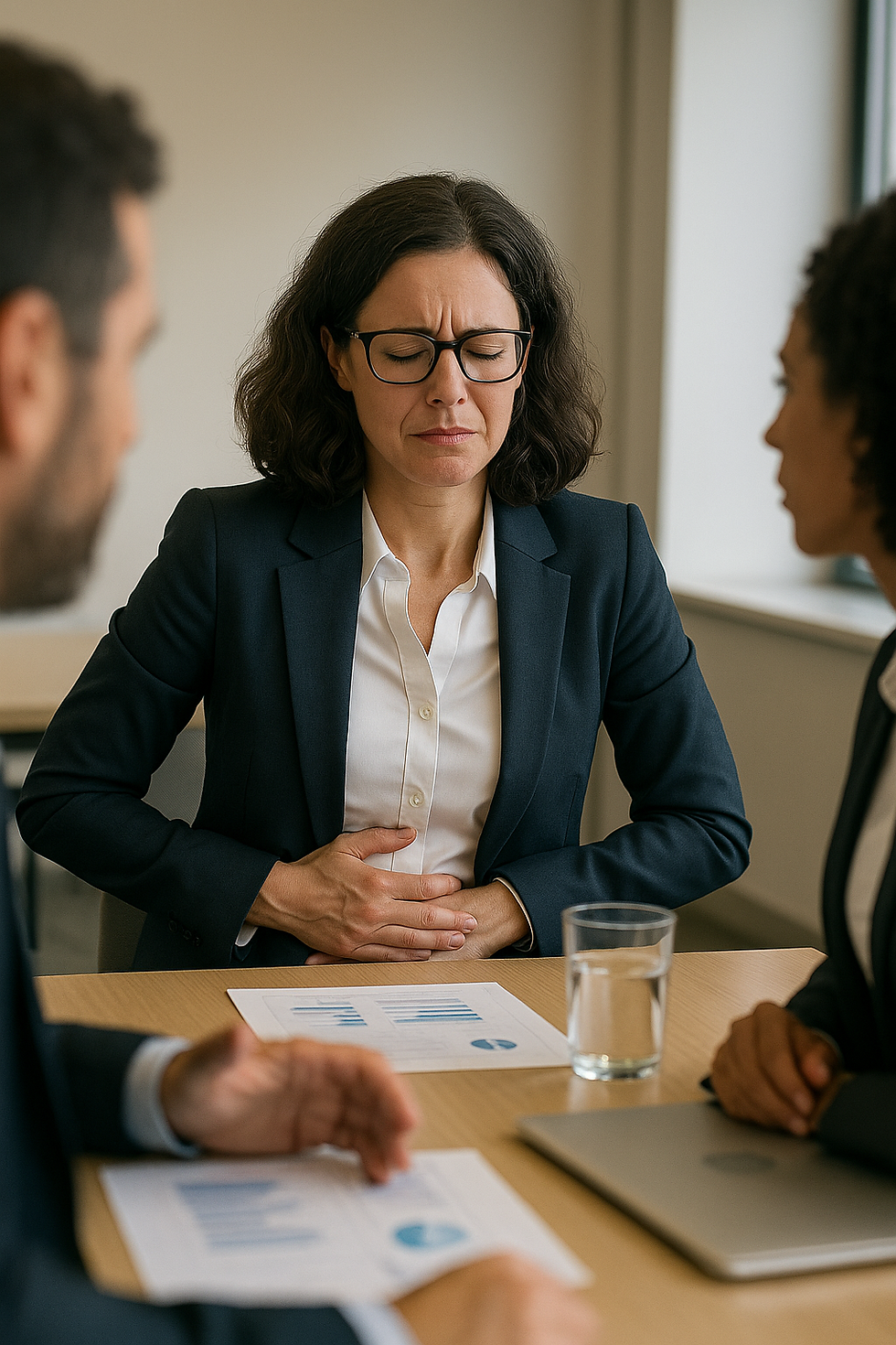 A woman in a meeting who is having a gut symptoms shows pain in her face and gut.
