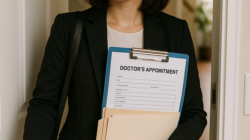 Woman leaving the house with papers in her hand as she is prepared for her doctor's visit