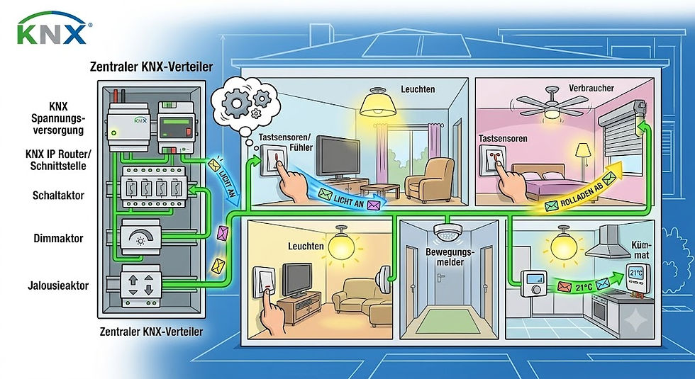 Weitwinkelaufnahme einer modernen Wohnanlage mit mehreren Wohnungen, die mit KNX-Technologie ausgestattet sind